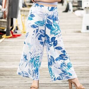 C&C California Linen Blue White Floral Print Wide Leg Palazzo Pants Crop Medium